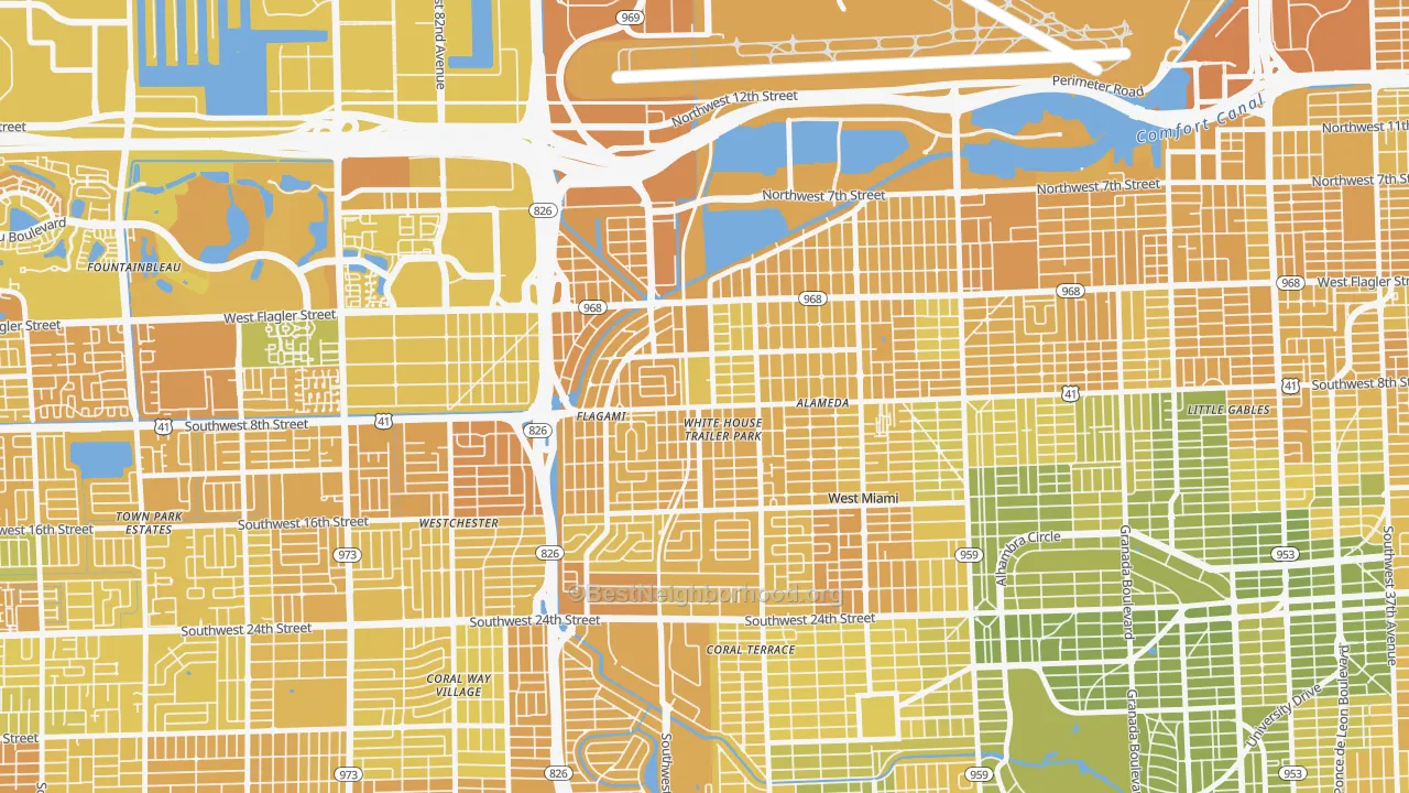 Map of the best neighborhoods in the 33144 area, with better matches in green and worse matches in red