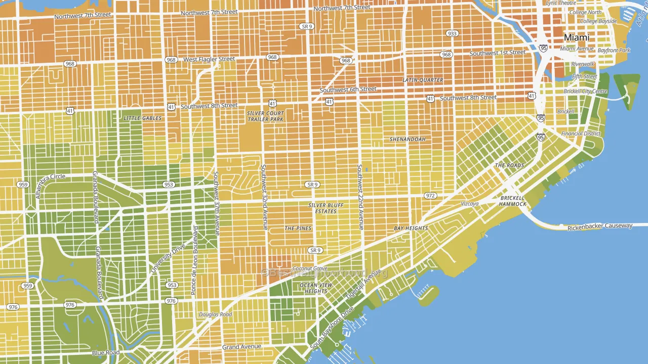 Map of the best neighborhoods in the 33145 area, with better matches in green and worse matches in red