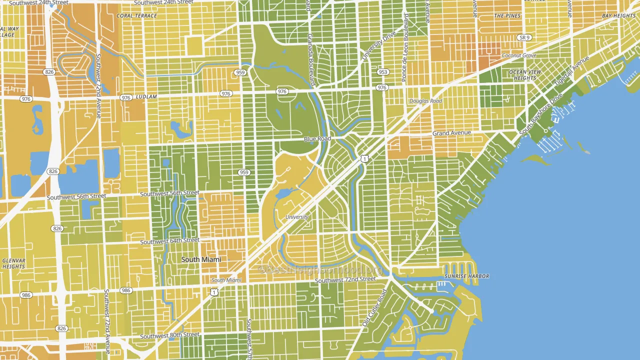 Map of the best neighborhoods in the 33146 area, with better matches in green and worse matches in red