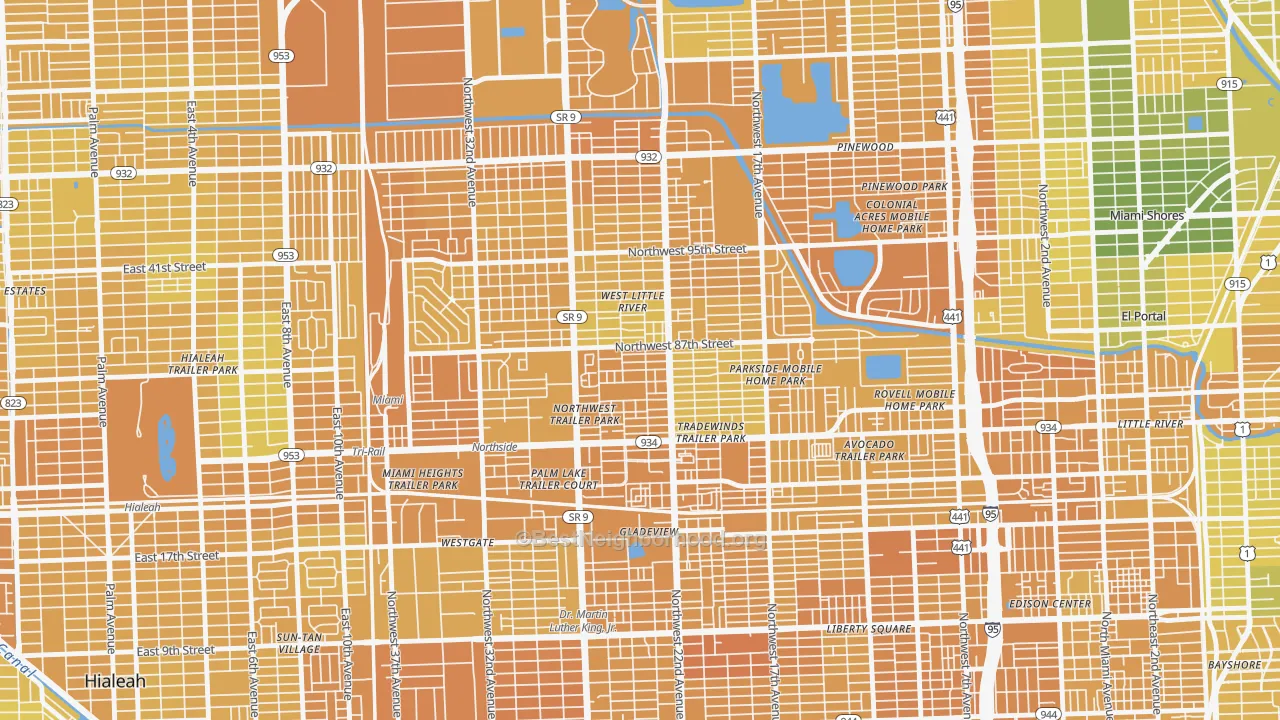 Map of the best neighborhoods in the 33147 area, with better matches in green and worse matches in red