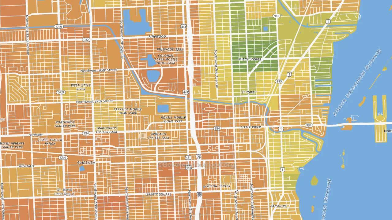 Map of the best neighborhoods in the 33150 area, with better matches in green and worse matches in red