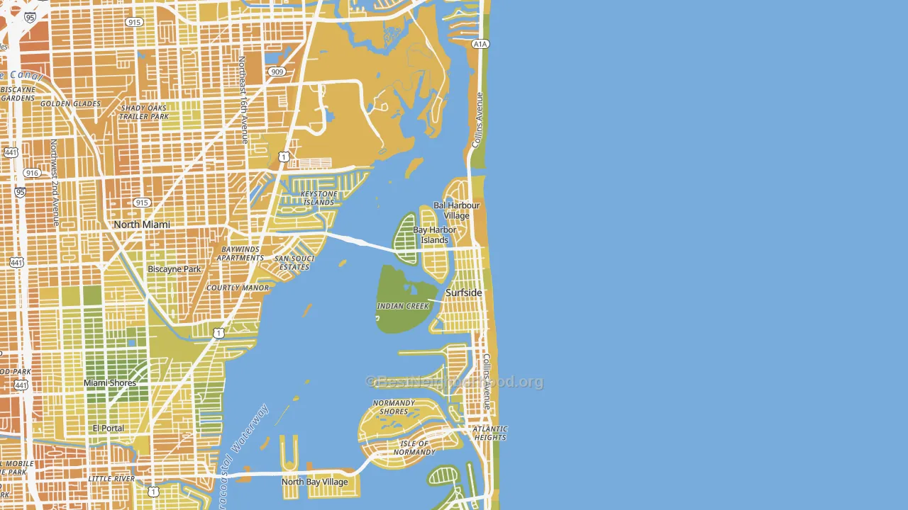 Map of the best neighborhoods in the 33154 area, with better matches in green and worse matches in red