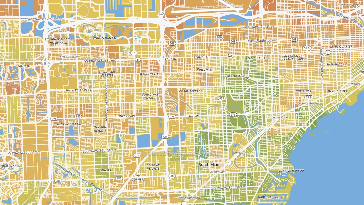 Map of the best neighborhoods in the 33155 area, with better matches in green and worse matches in red