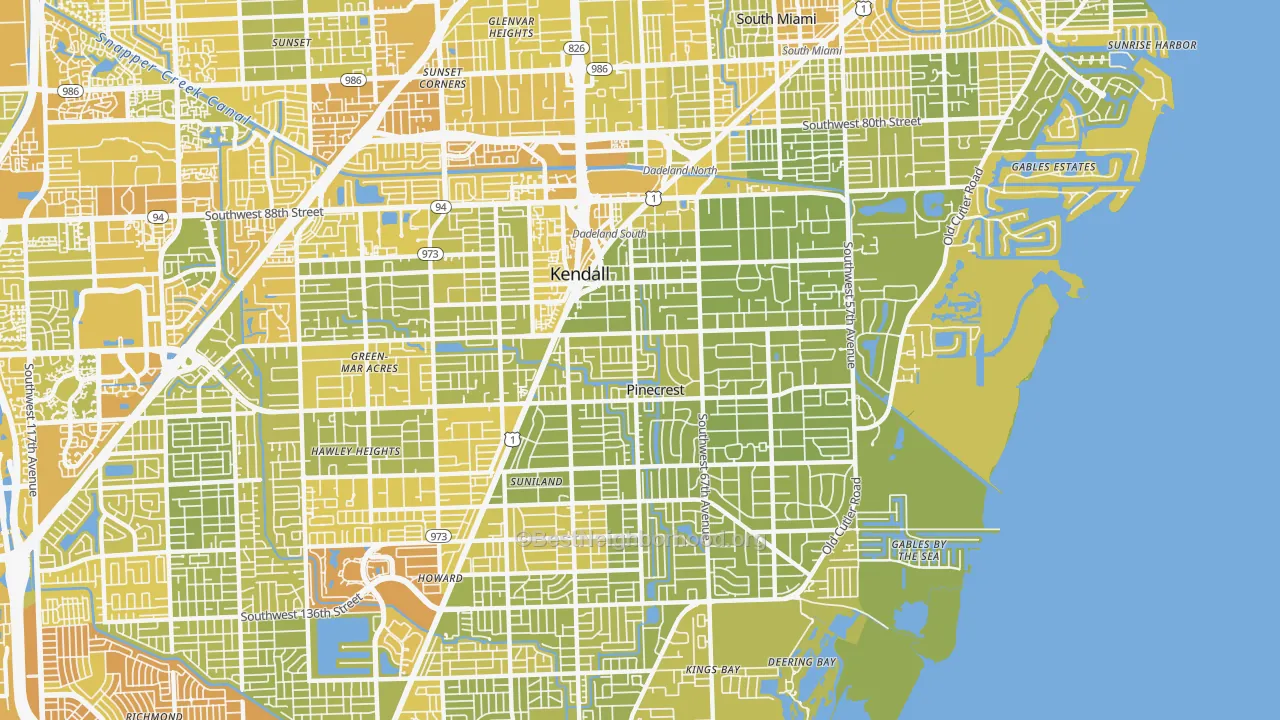 Map of the best neighborhoods in the 33156 area, with better matches in green and worse matches in red