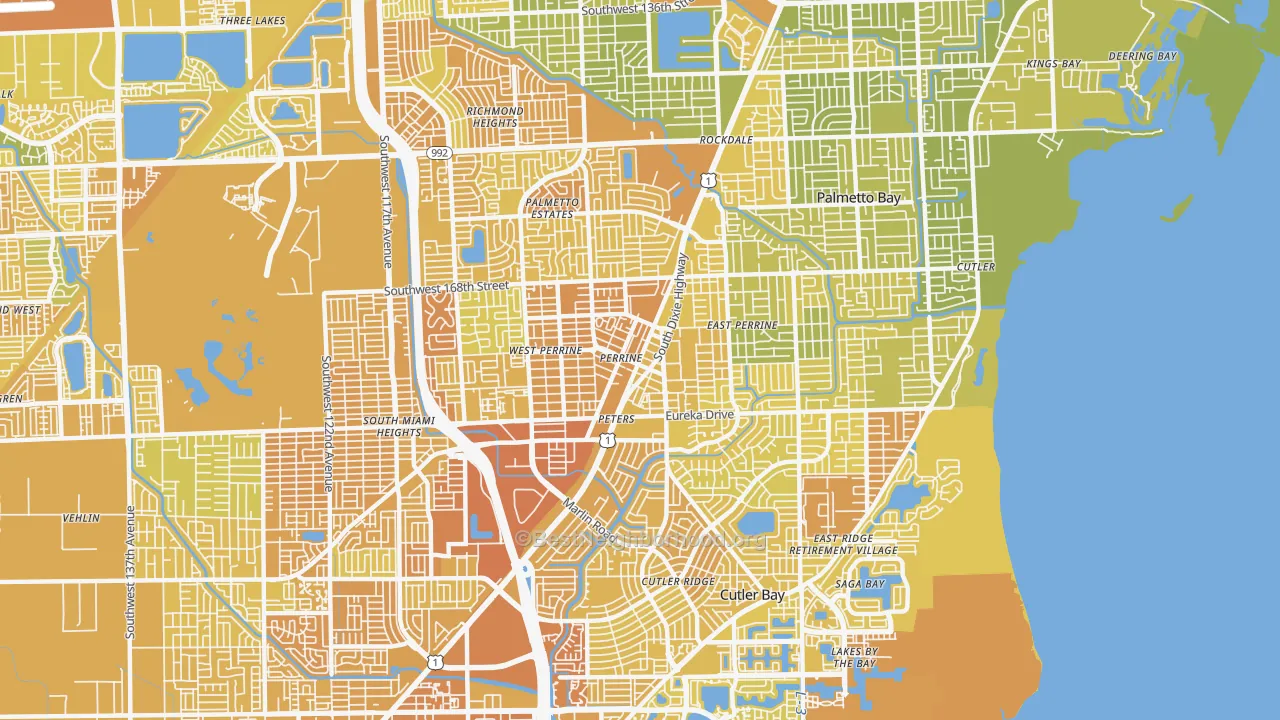 Map of the best neighborhoods in the 33157 area, with better matches in green and worse matches in red