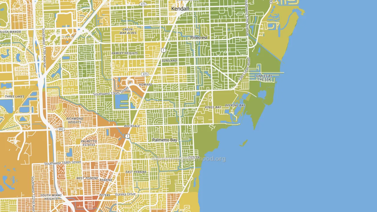 Map of the best neighborhoods in the 33158 area, with better matches in green and worse matches in red