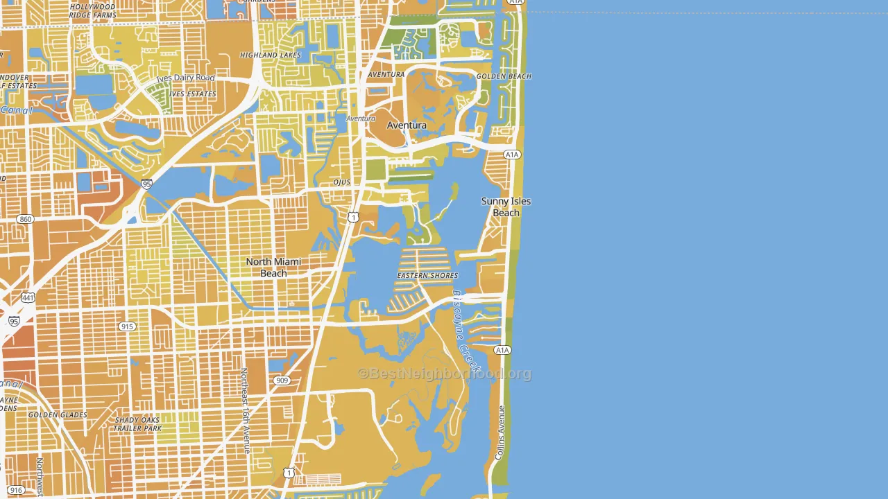 Map of the best neighborhoods in the 33160 area, with better matches in green and worse matches in red