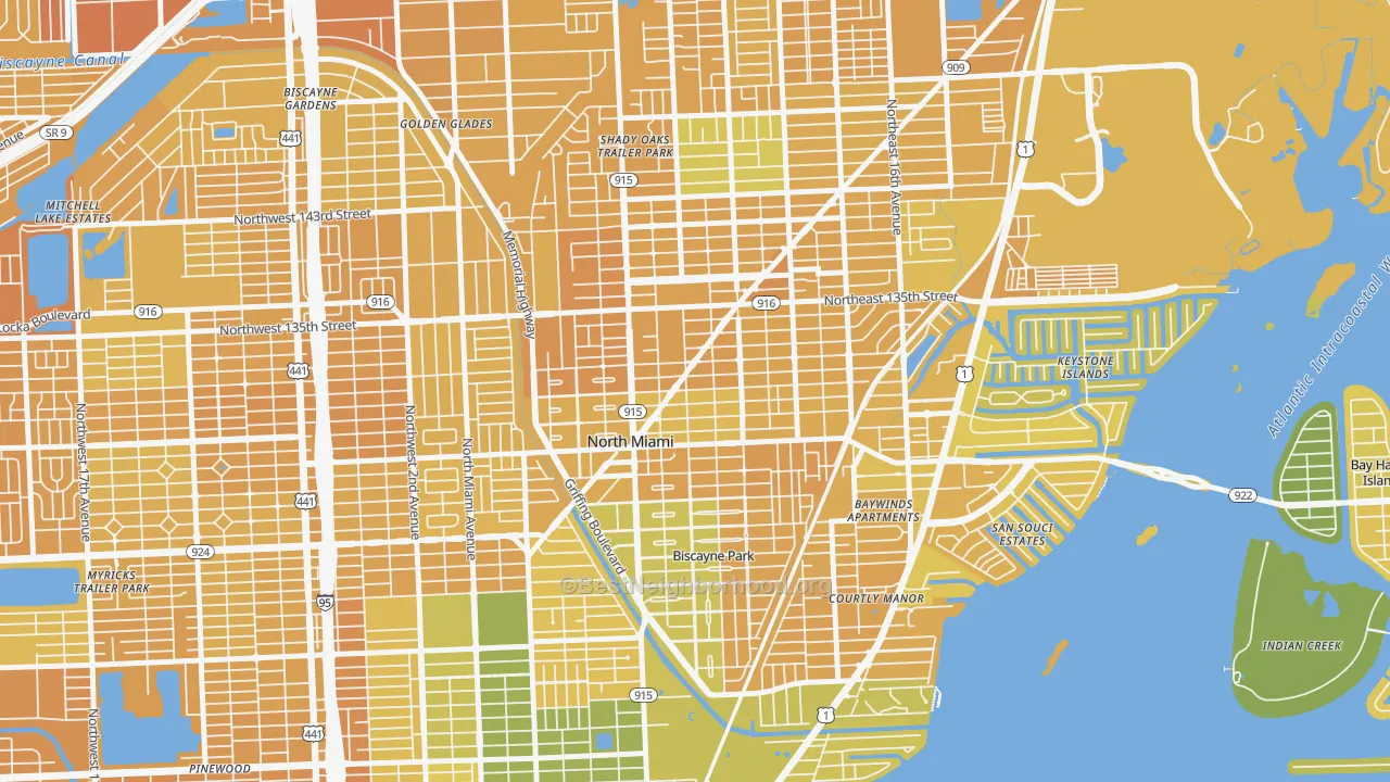 Map of the best neighborhoods in the 33161 area, with better matches in green and worse matches in red