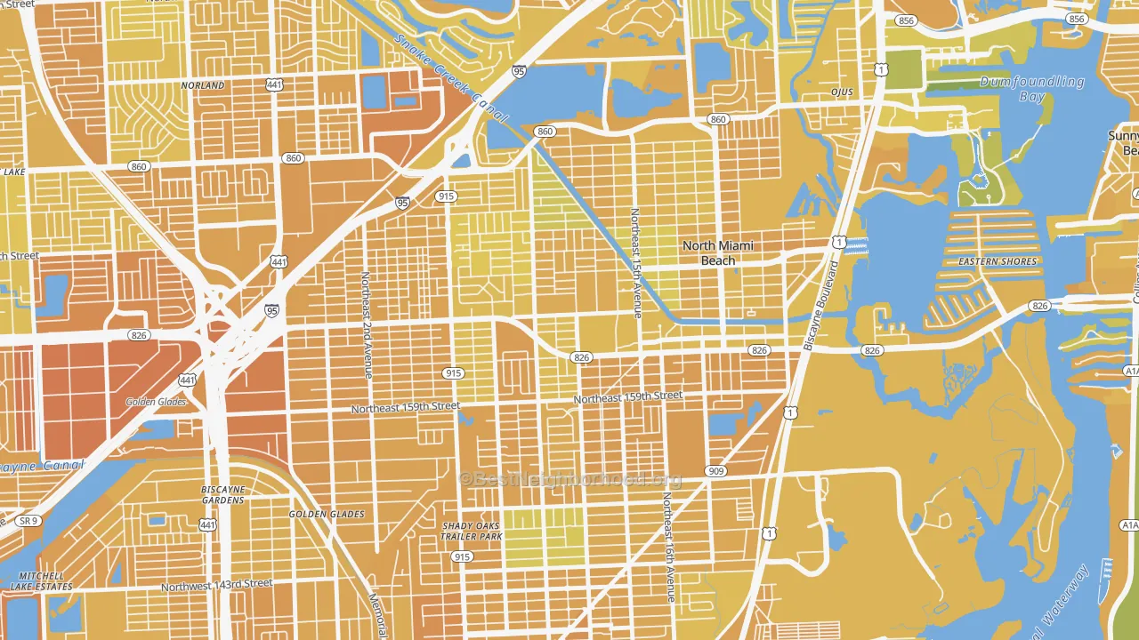 Map of the best neighborhoods in the 33162 area, with better matches in green and worse matches in red
