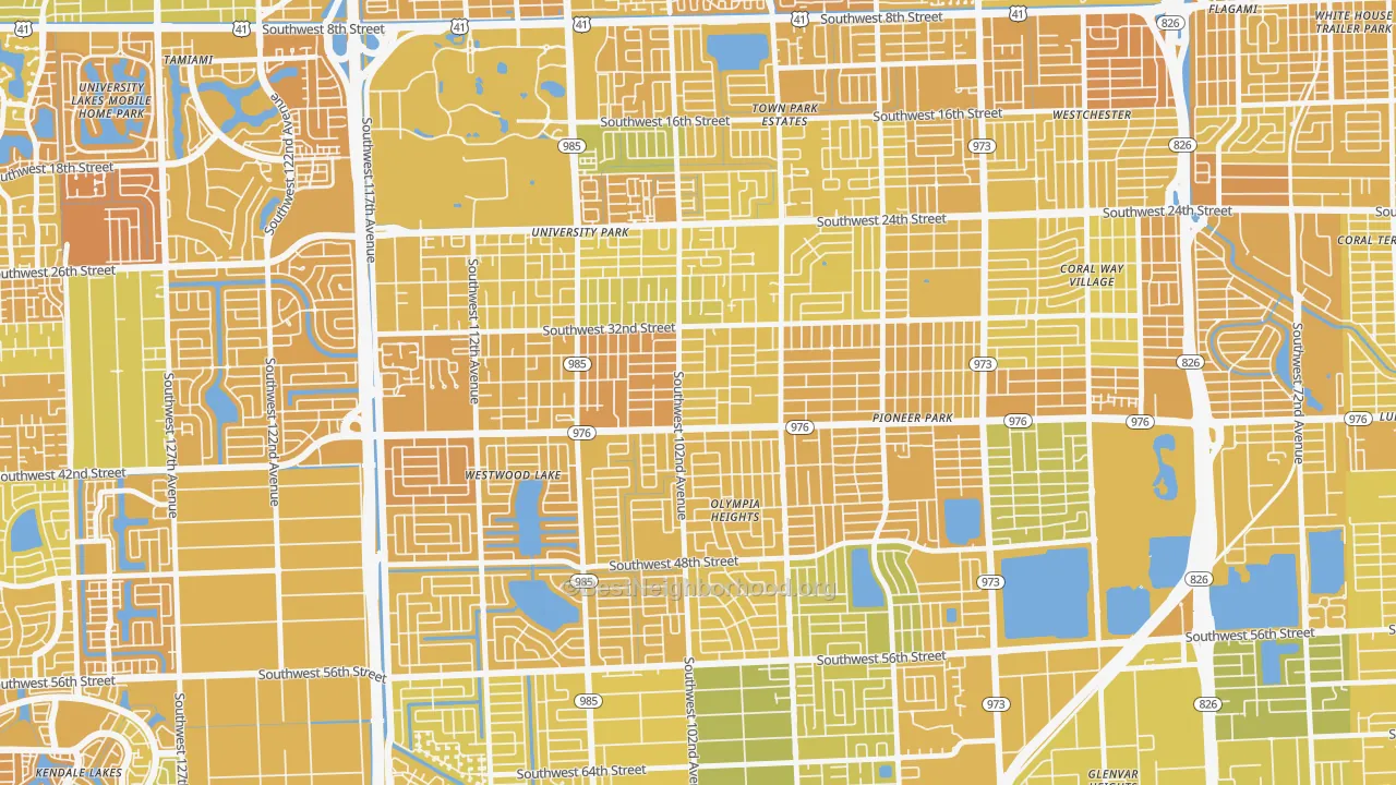 Map of the best neighborhoods in the 33165 area, with better matches in green and worse matches in red
