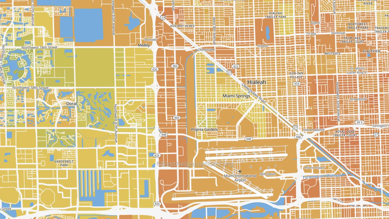 Map of the best neighborhoods in the 33166 area, with better matches in green and worse matches in red