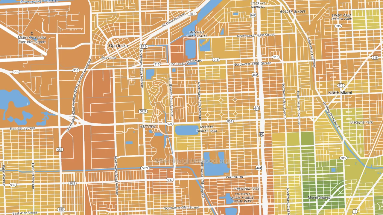 Map of the best neighborhoods in the 33167 area, with better matches in green and worse matches in red