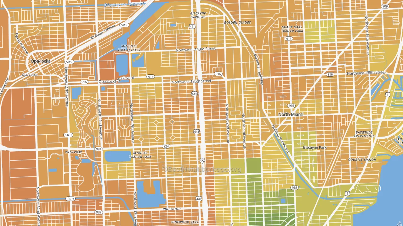 Map of the best neighborhoods in the 33168 area, with better matches in green and worse matches in red