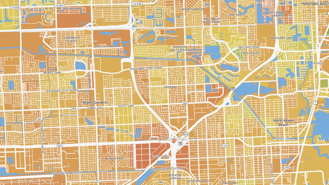 Map of the best neighborhoods in the 33169 area, with better matches in green and worse matches in red