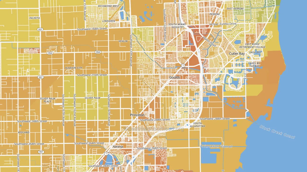 Map of the best neighborhoods in the 33170 area, with better matches in green and worse matches in red