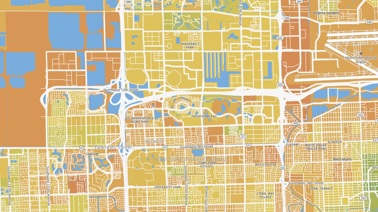 Map of the best neighborhoods in the 33172 area, with better matches in green and worse matches in red