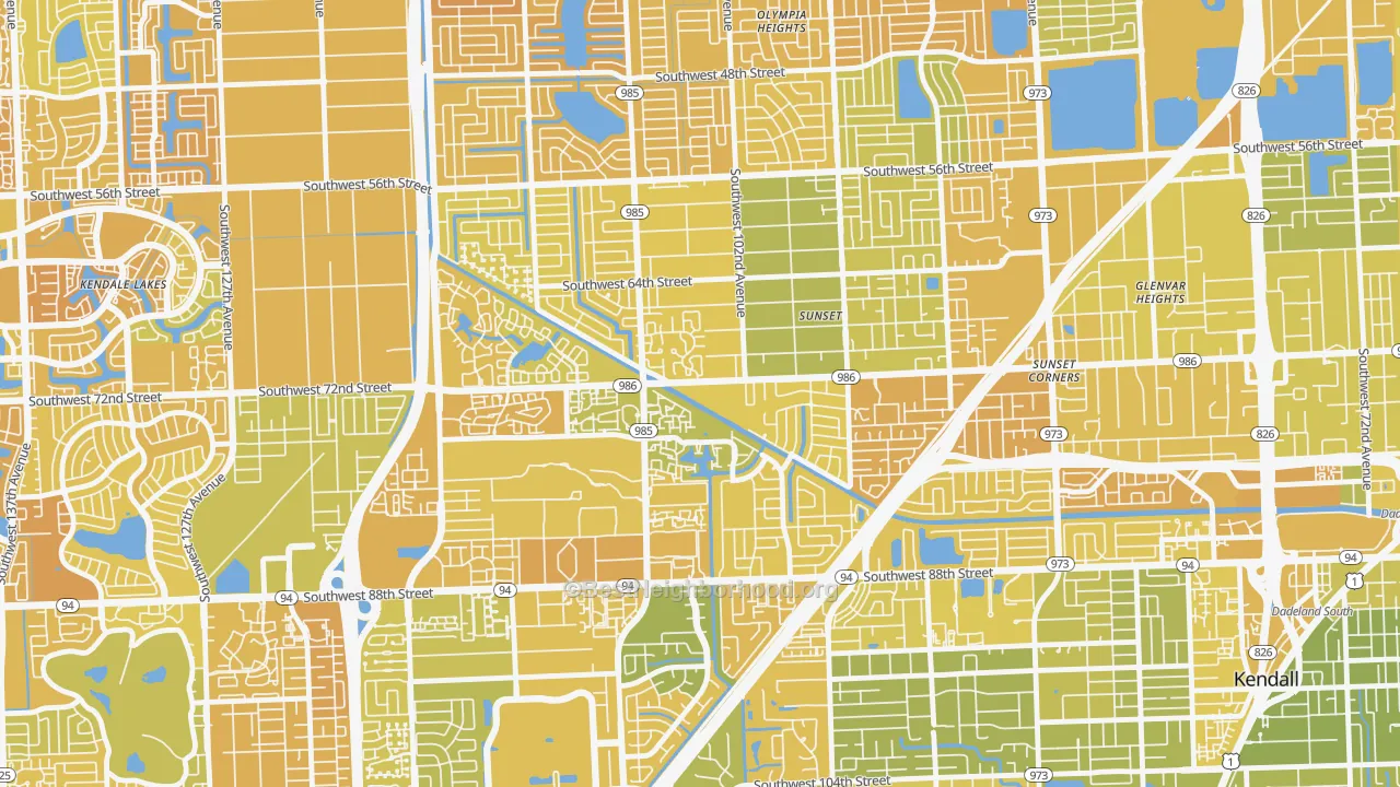 Map of the best neighborhoods in the 33173 area, with better matches in green and worse matches in red