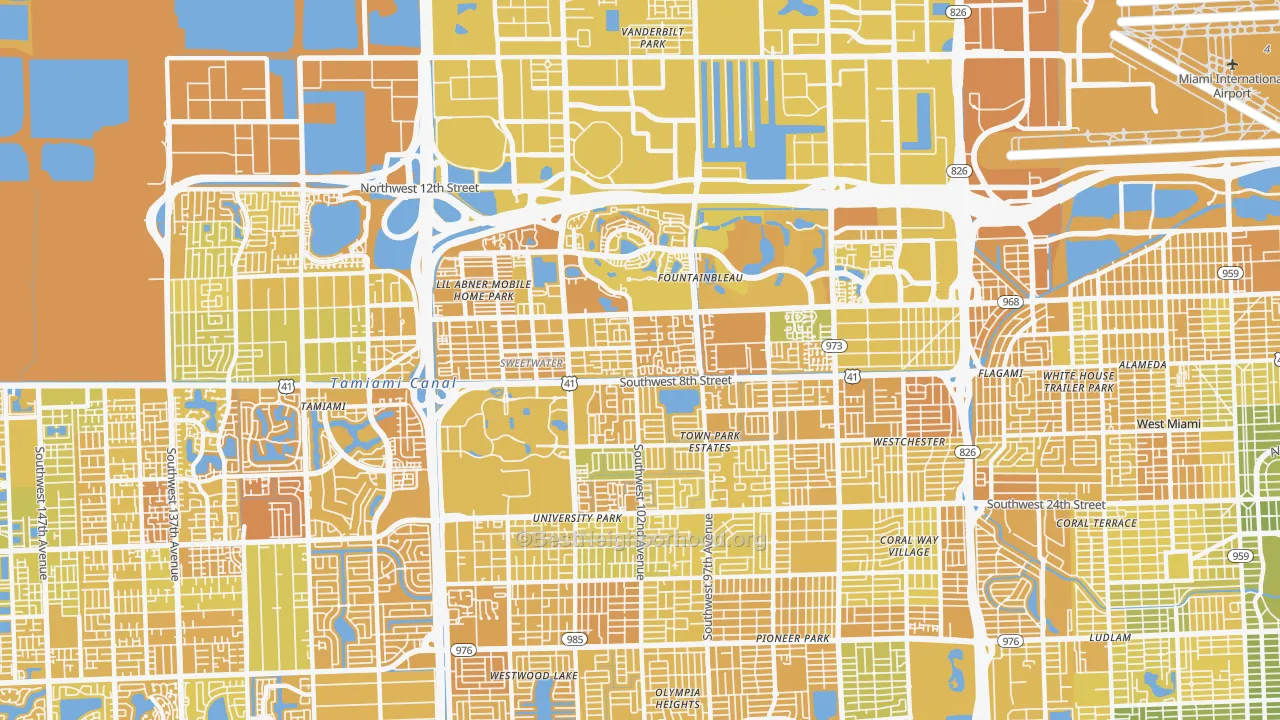 Map of the best neighborhoods in the 33174 area, with better matches in green and worse matches in red