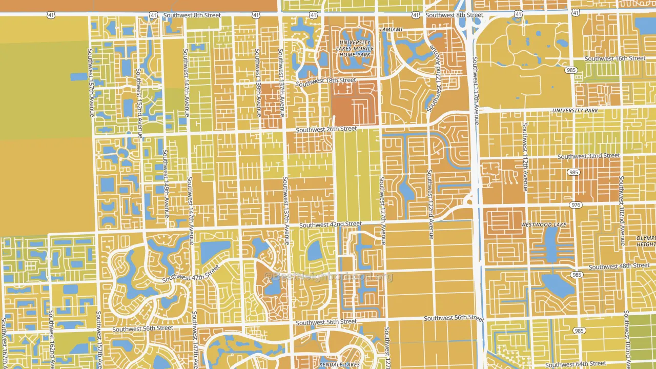 Map of the best neighborhoods in the 33175 area, with better matches in green and worse matches in red