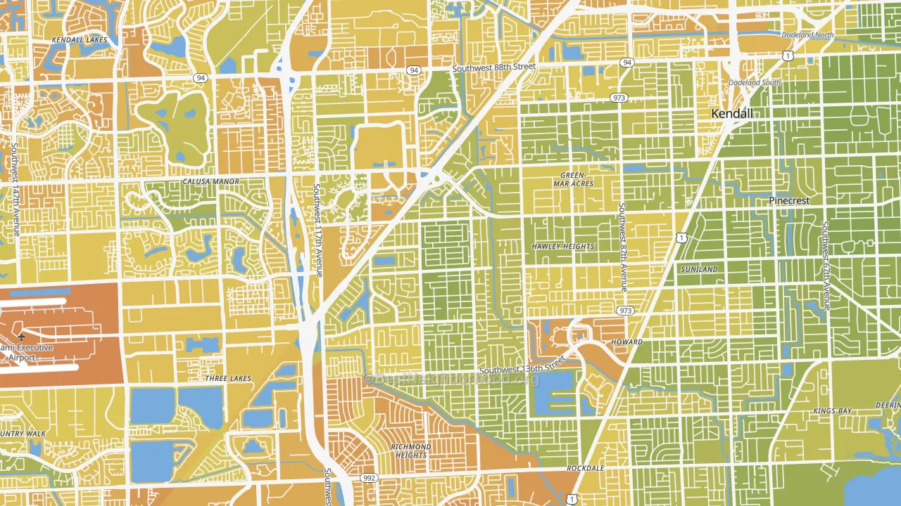 Map of the best neighborhoods in the 33176 area, with better matches in green and worse matches in red