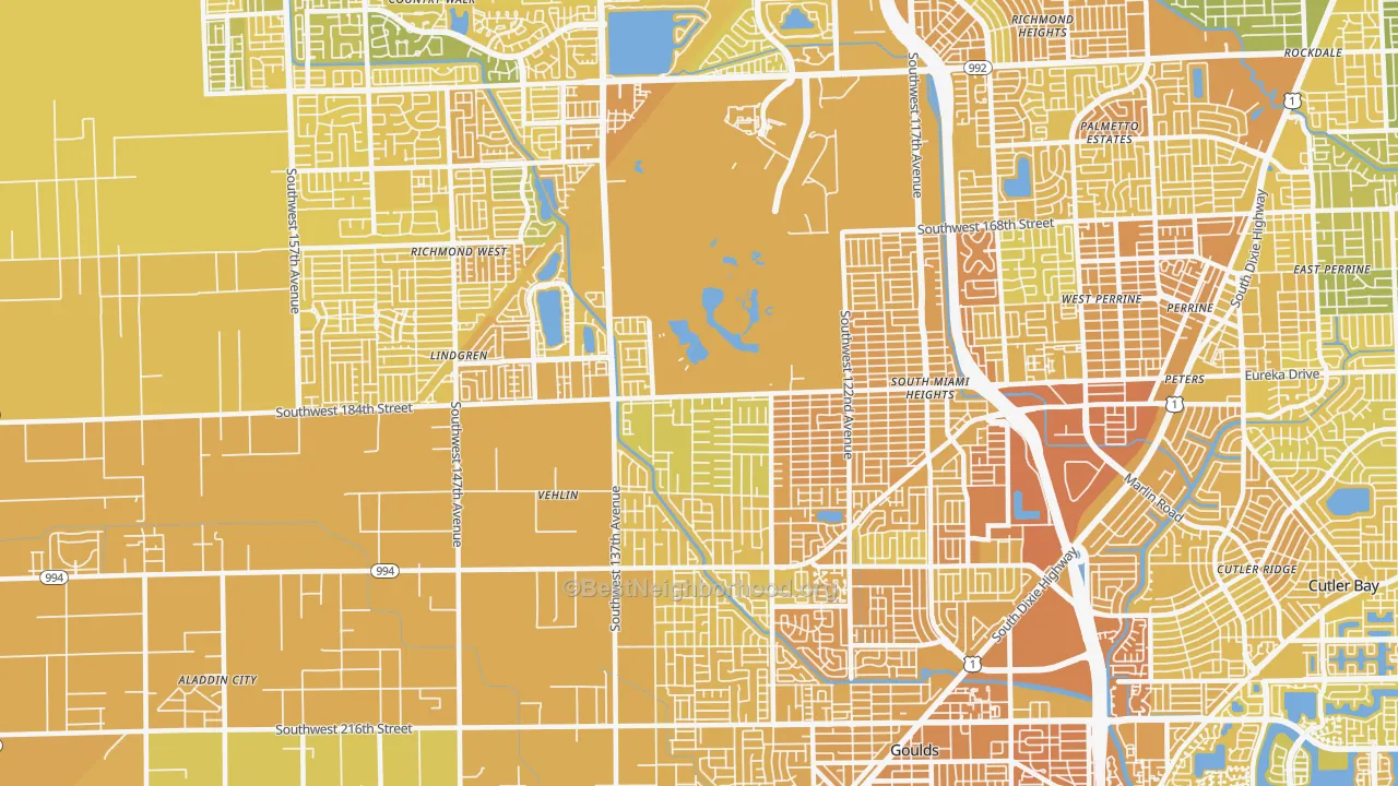Map of the best neighborhoods in the 33177 area, with better matches in green and worse matches in red