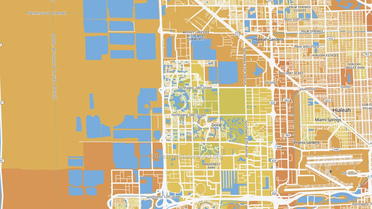 Map of the best neighborhoods in the 33178 area, with better matches in green and worse matches in red