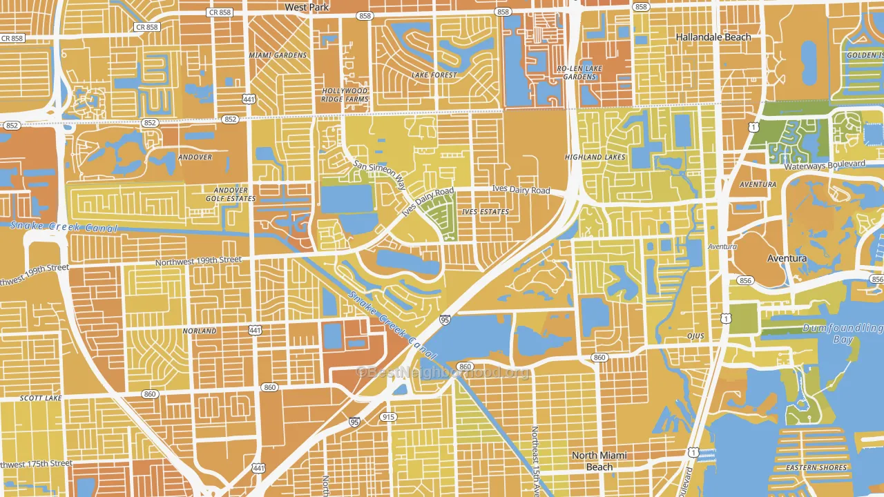 Map of the best neighborhoods in the 33179 area, with better matches in green and worse matches in red