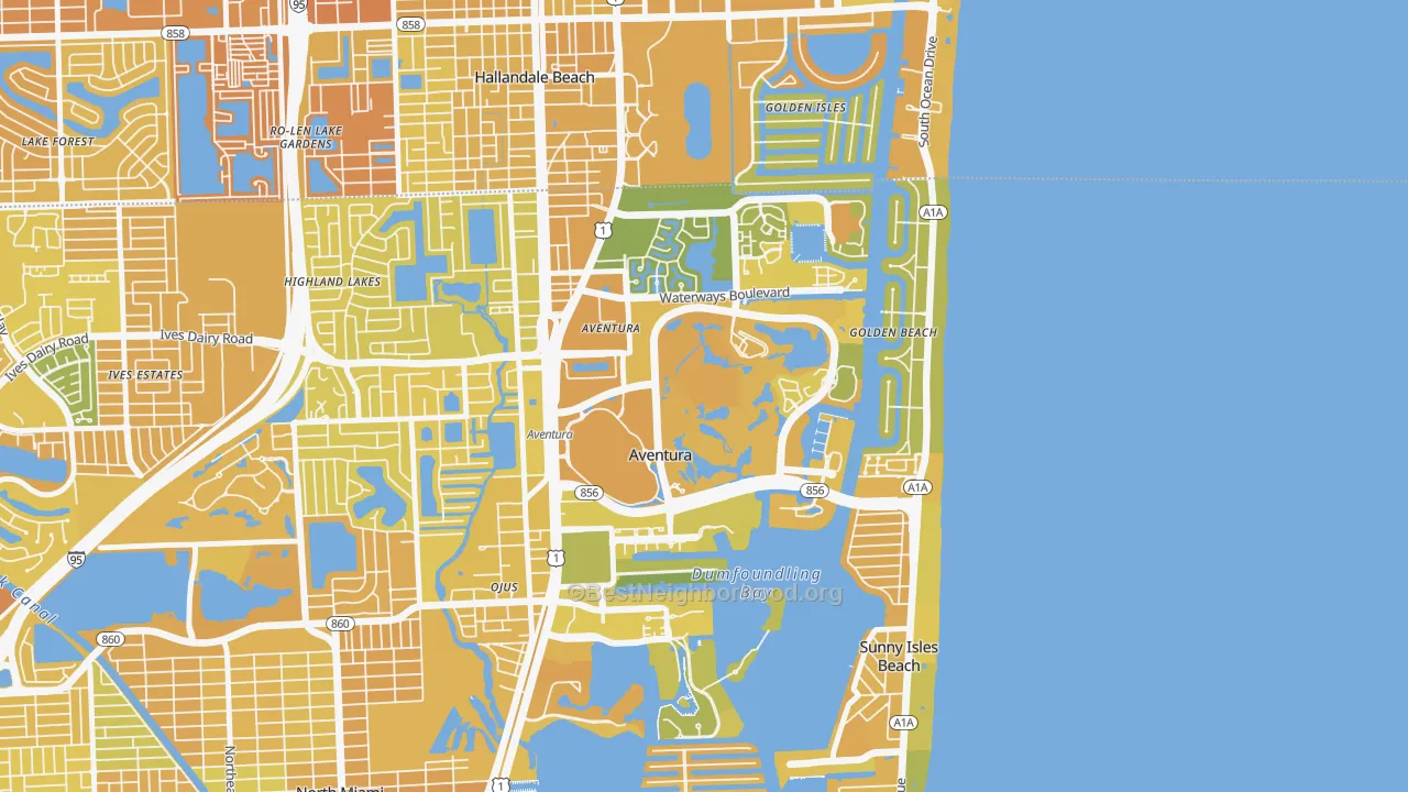 Map of the best neighborhoods in the 33180 area, with better matches in green and worse matches in red