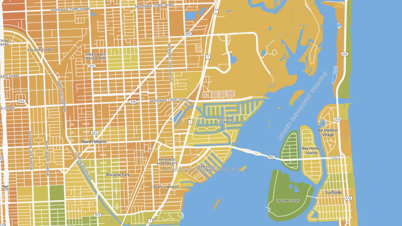 Map of the best neighborhoods in the 33181 area, with better matches in green and worse matches in red