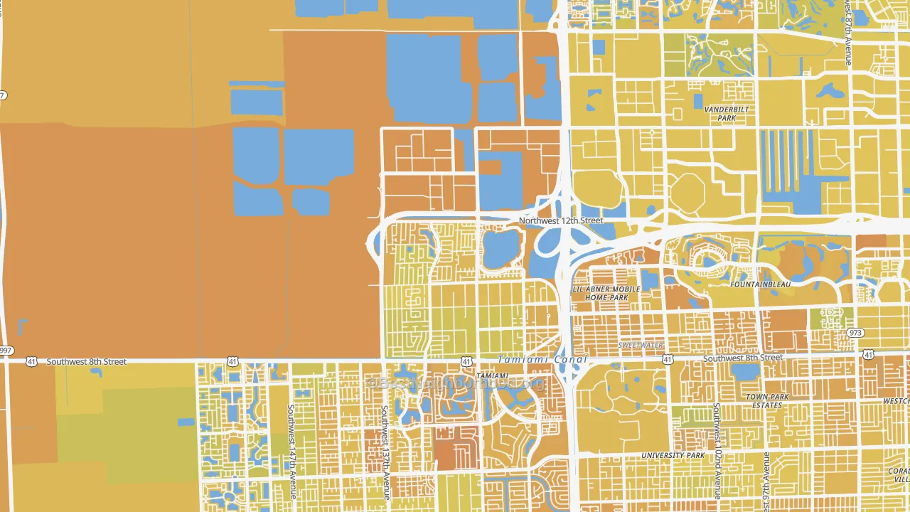 Map of the best neighborhoods in the 33182 area, with better matches in green and worse matches in red