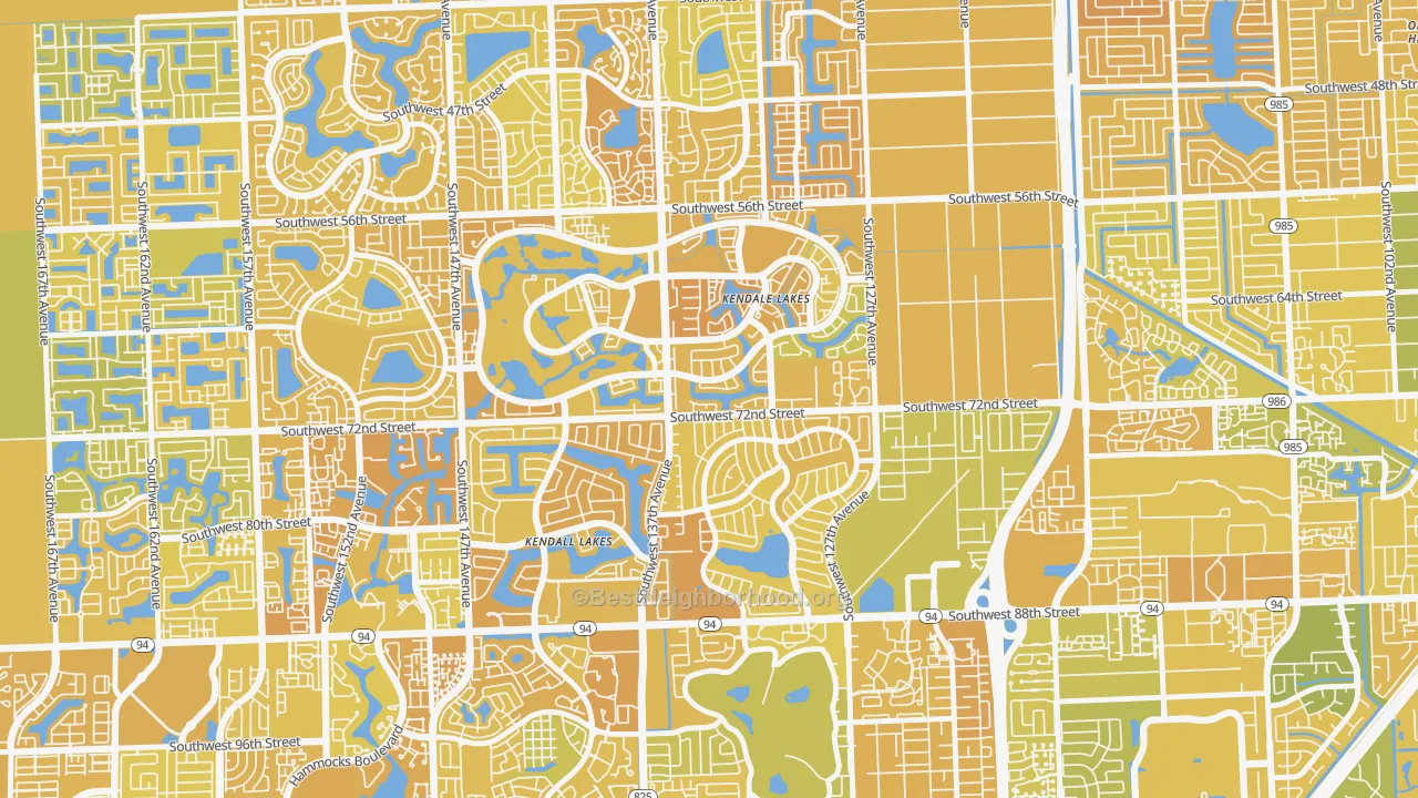 Map of the best neighborhoods in the 33183 area, with better matches in green and worse matches in red
