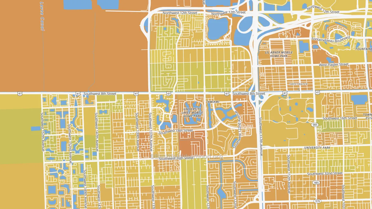 Map of the best neighborhoods in the 33184 area, with better matches in green and worse matches in red