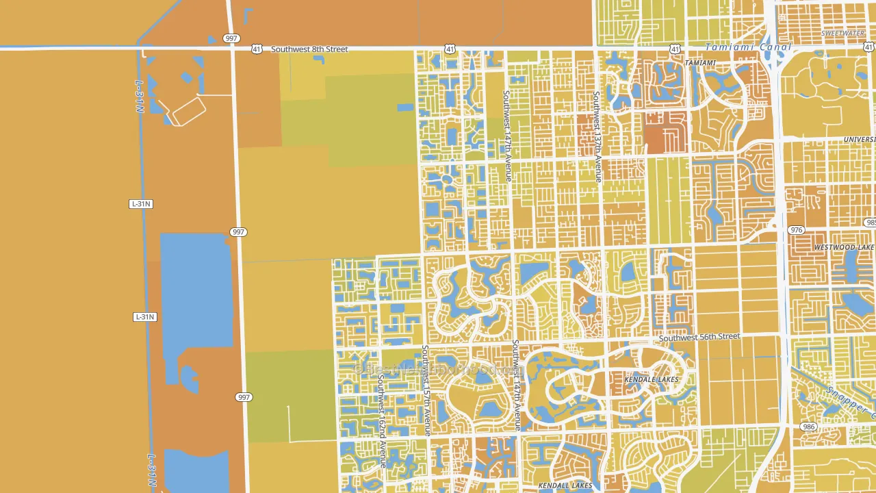 Map of the best neighborhoods in the 33185 area, with better matches in green and worse matches in red