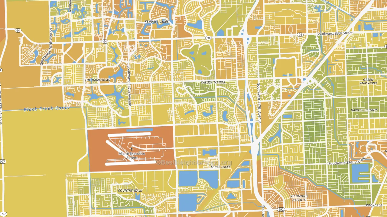 Map of the best neighborhoods in the 33186 area, with better matches in green and worse matches in red