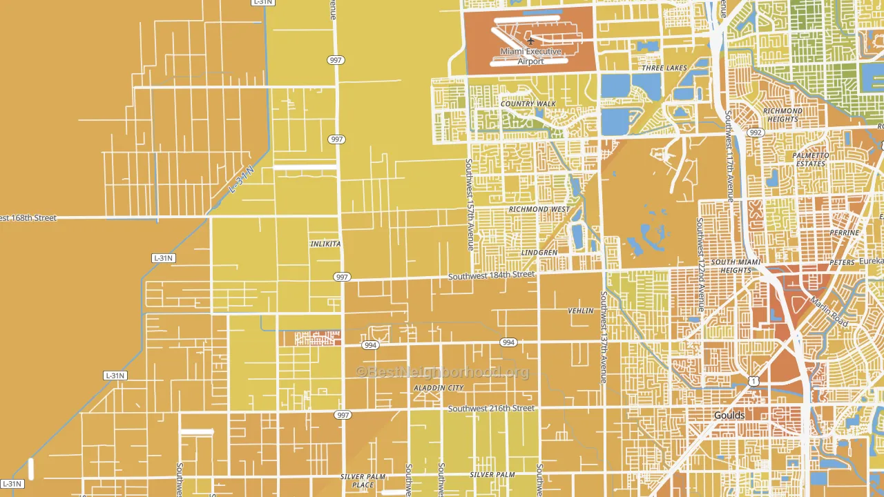 Map of the best neighborhoods in the 33187 area, with better matches in green and worse matches in red