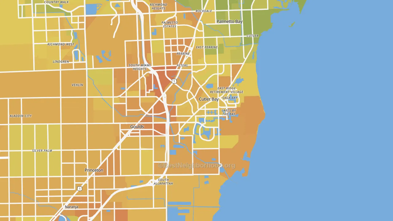 Map of the best neighborhoods in the 33189 area, with better matches in green and worse matches in red