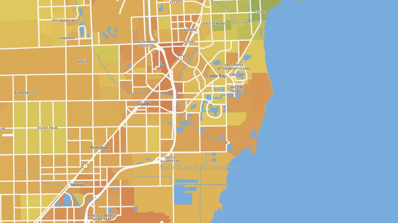 Map of the best neighborhoods in the 33190 area, with better matches in green and worse matches in red