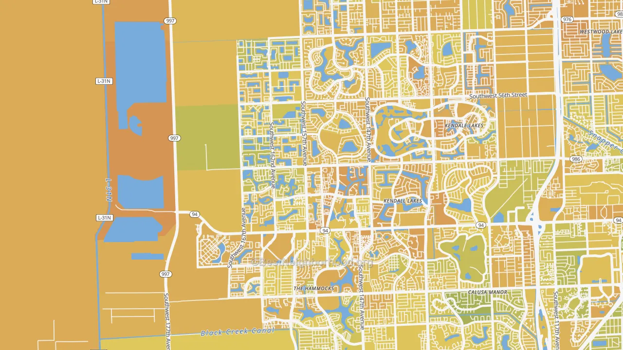 Map of the best neighborhoods in the 33193 area, with better matches in green and worse matches in red