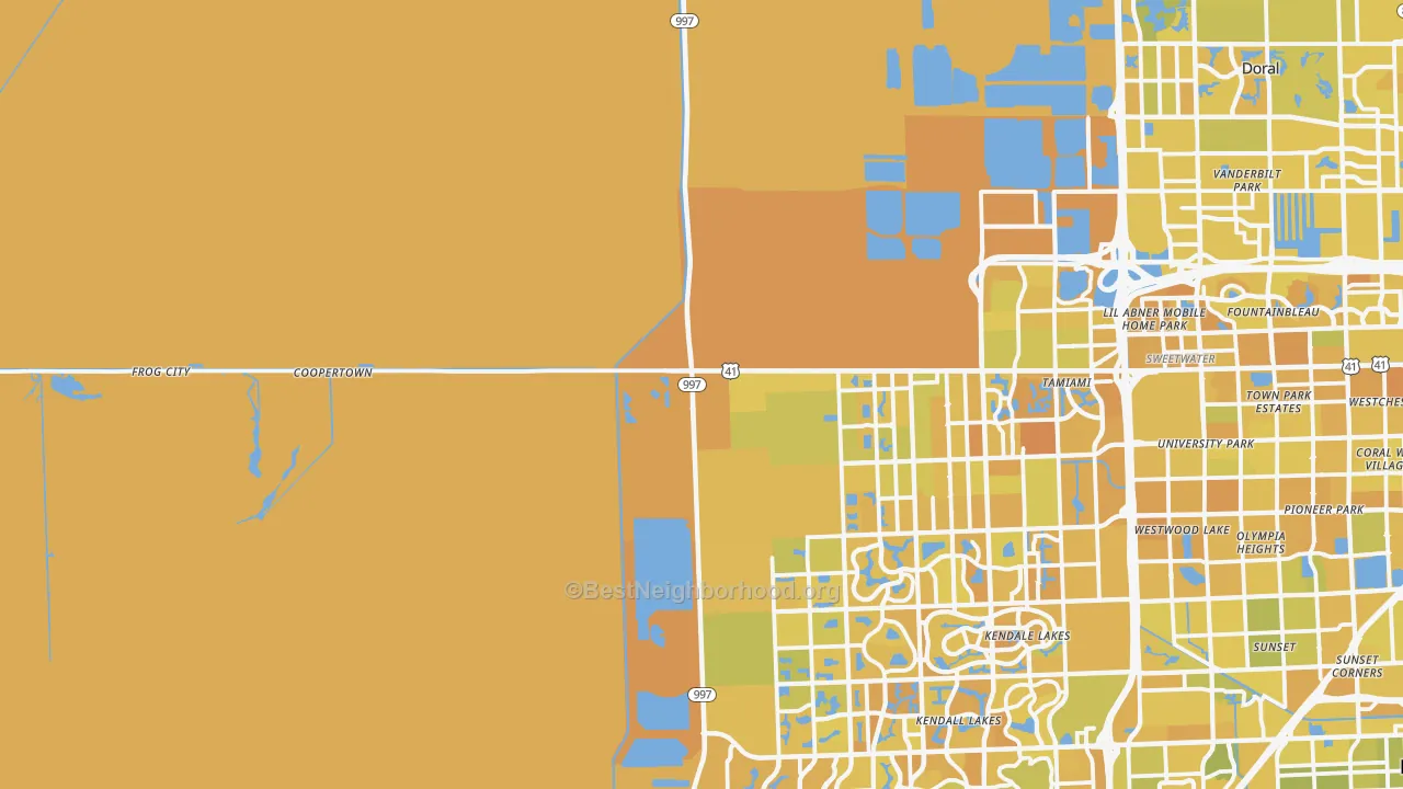 Map of the best neighborhoods in the 33194 area, with better matches in green and worse matches in red