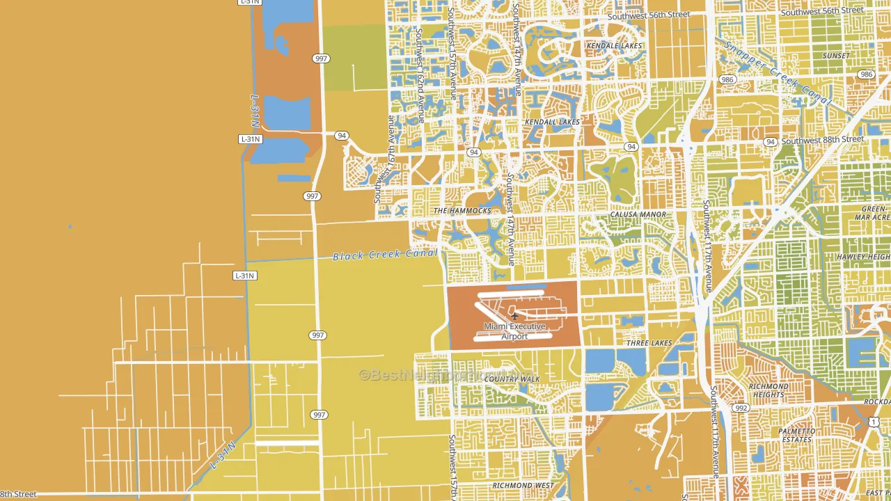 Map of the best neighborhoods in the 33196 area, with better matches in green and worse matches in red
