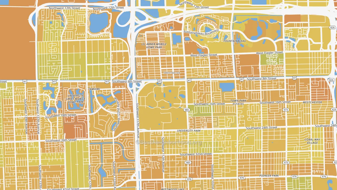 Map of the best neighborhoods in the 33199 area, with better matches in green and worse matches in red