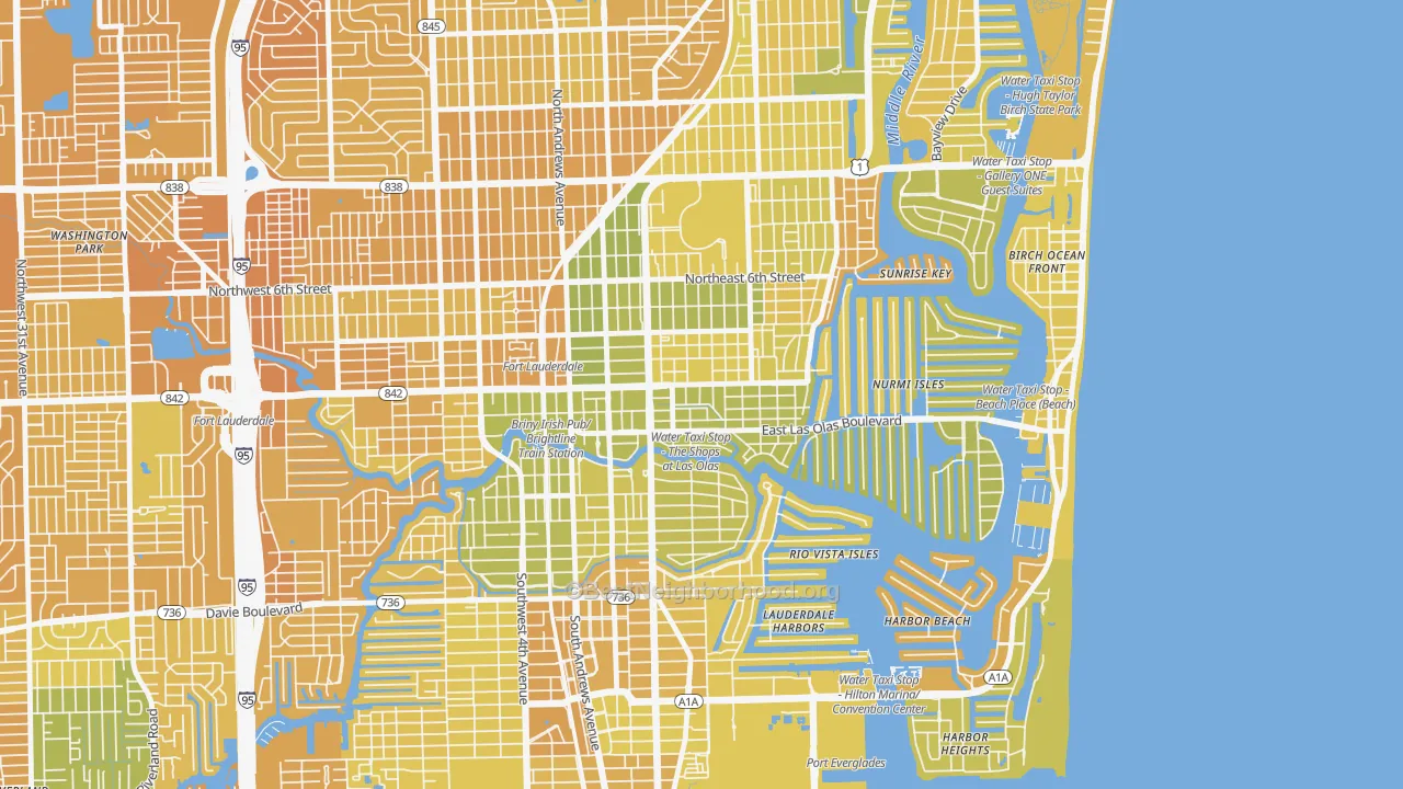 Map of the best neighborhoods in the 33301 area, with better matches in green and worse matches in red