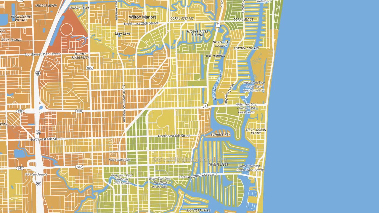 Map of the best neighborhoods in the 33304 area, with better matches in green and worse matches in red