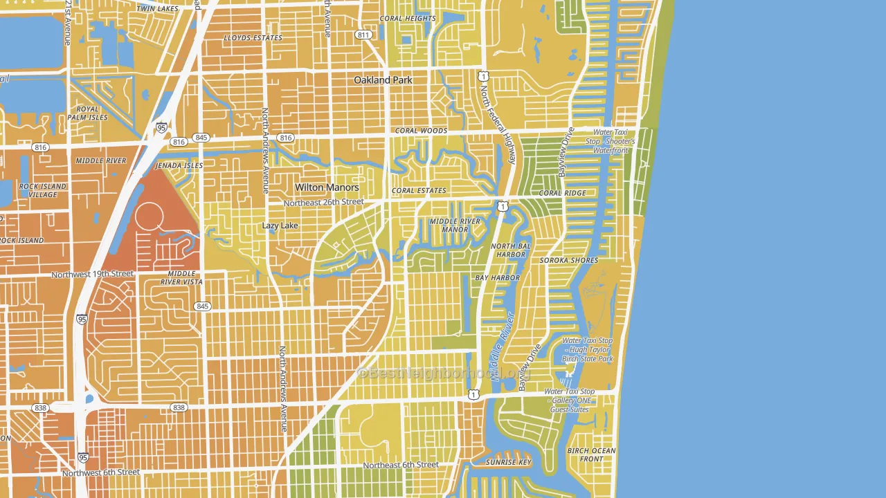 Map of the best neighborhoods in the 33305 area, with better matches in green and worse matches in red