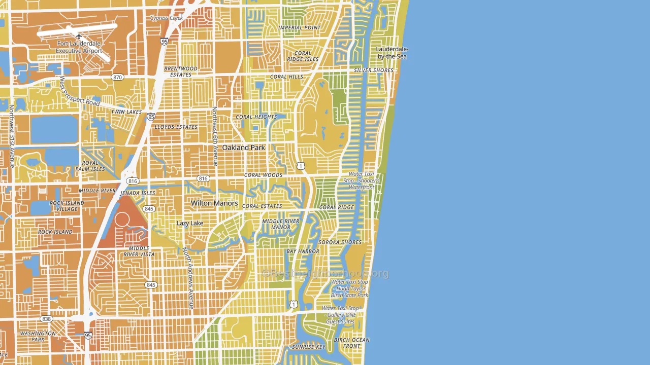 Map of the best neighborhoods in the 33306 area, with better matches in green and worse matches in red