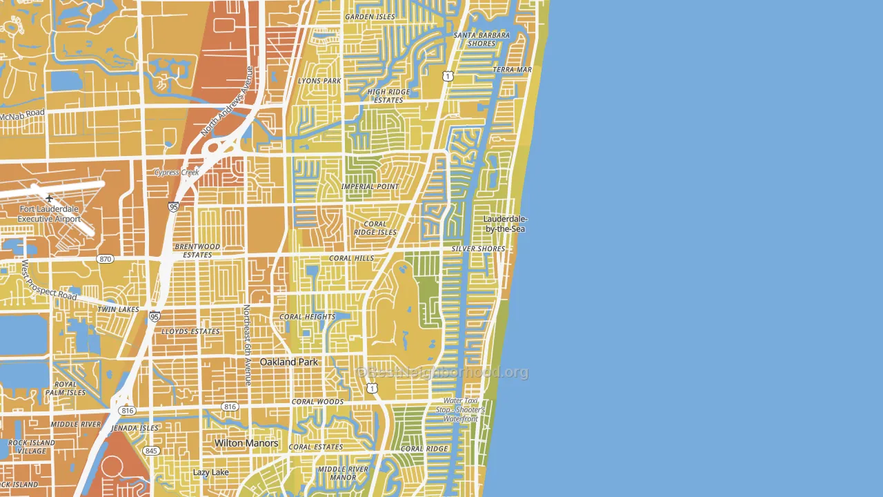 Map of the best neighborhoods in the 33308 area, with better matches in green and worse matches in red