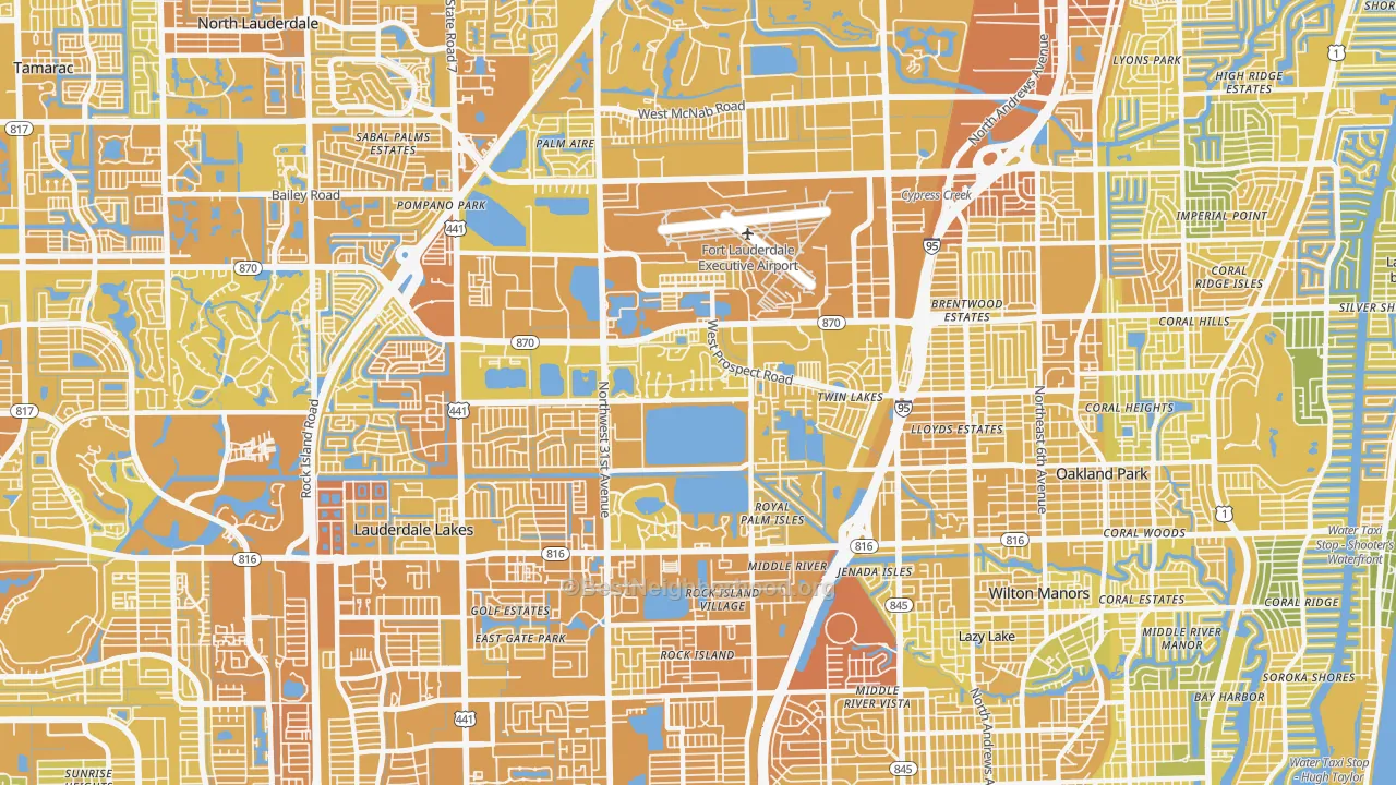 Map of the best neighborhoods in the 33309 area, with better matches in green and worse matches in red