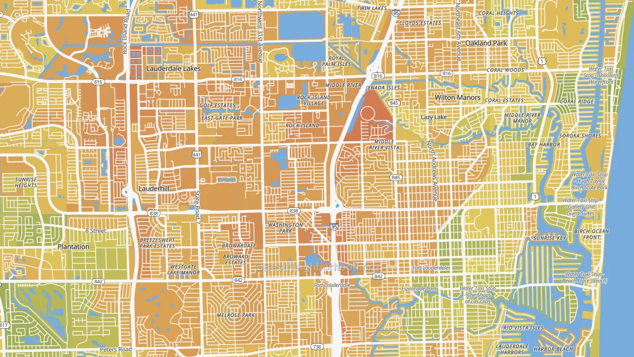Map of the best neighborhoods in the 33311 area, with better matches in green and worse matches in red
