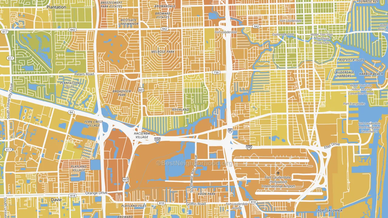 Map of the best neighborhoods in the 33312 area, with better matches in green and worse matches in red