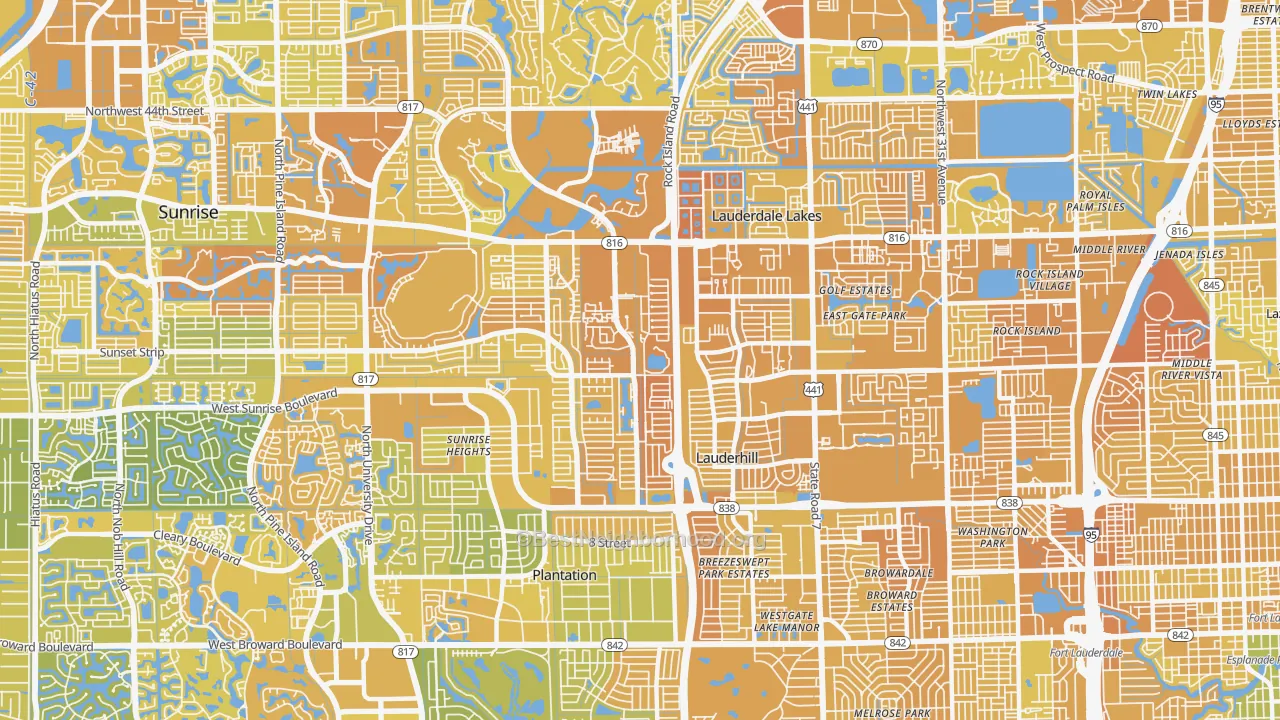Map of the best neighborhoods in the 33313 area, with better matches in green and worse matches in red